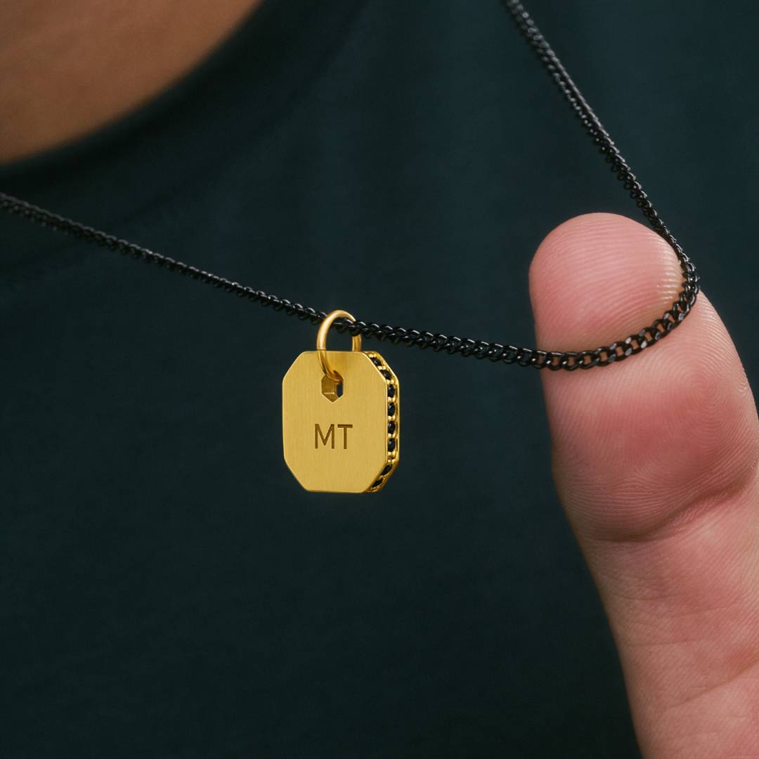 Engravable Dog Tag Necklace With Black Spinel - Gold Plated-4 Engravable Dog Tag Necklace With Black Spinel - Gold Plated-4 product photo