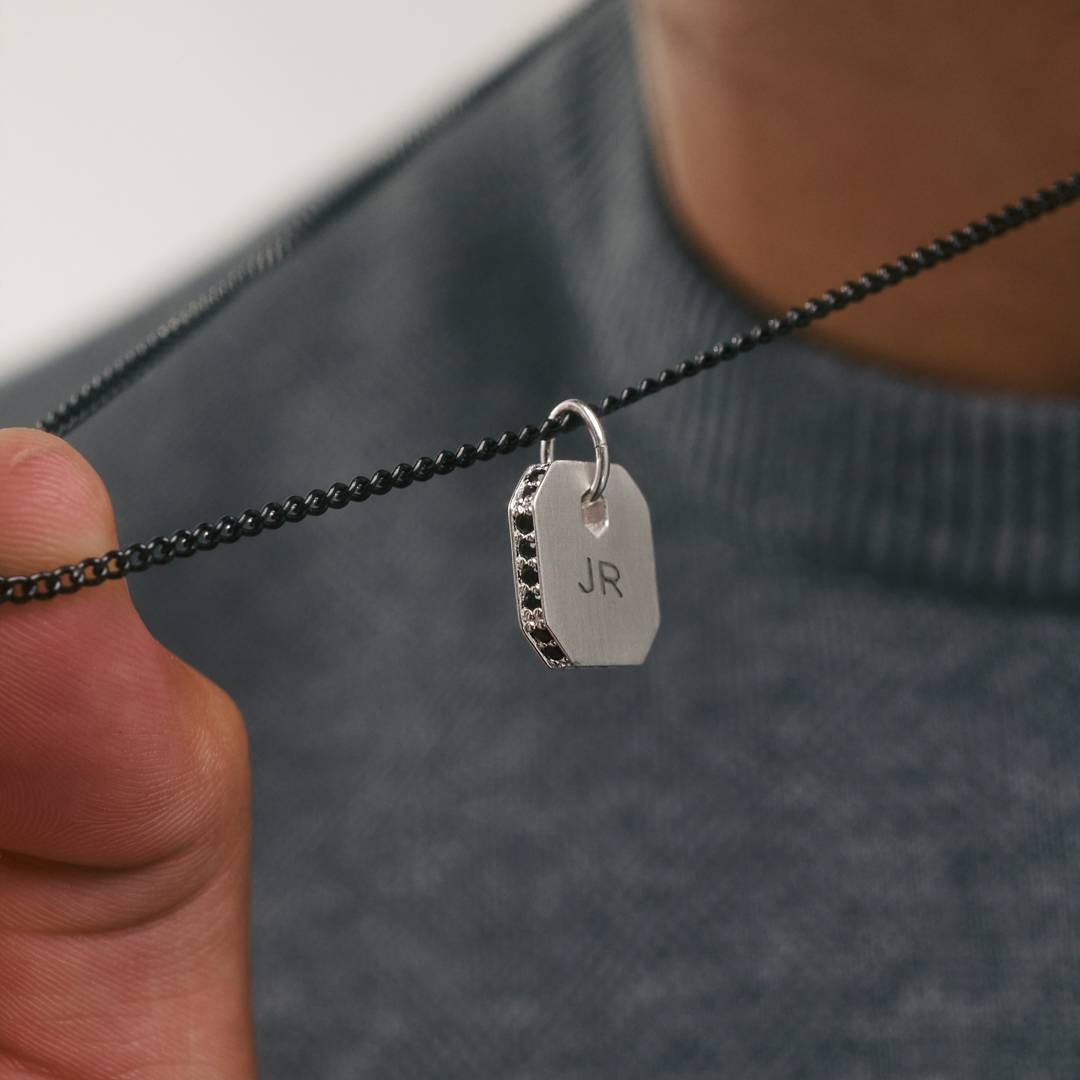 Engravable Dog Tag Necklace With Black Spinel- Silver-5 product photo