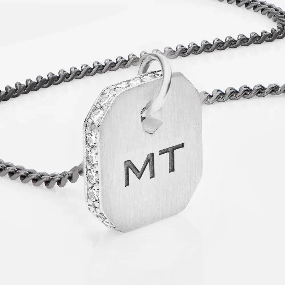 Engravable Dog Tag Necklace With Cubic Zirconia - Silver-2 product photo
