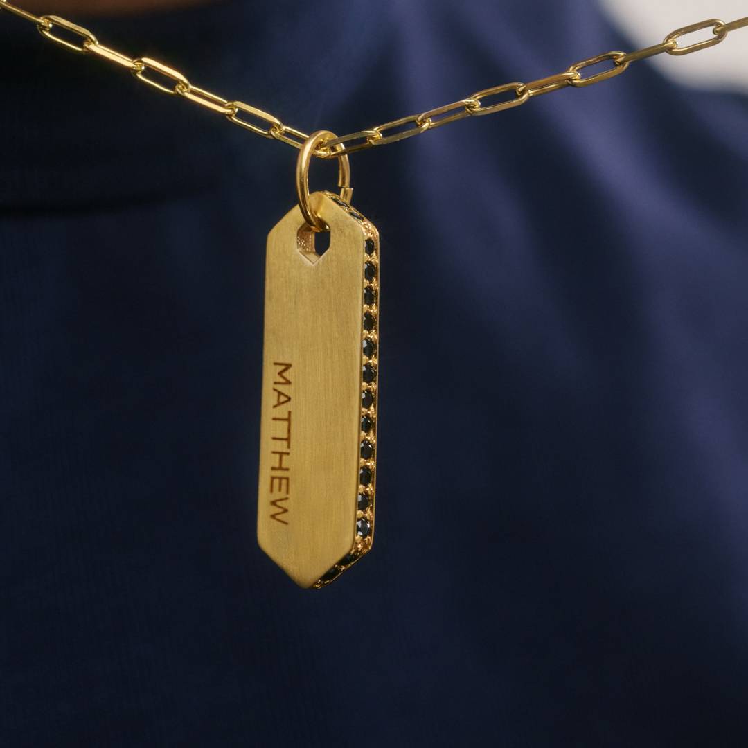 Engravable Vertical Dog Tag Necklace With Black Spinel - Gold Plated-3 product photo