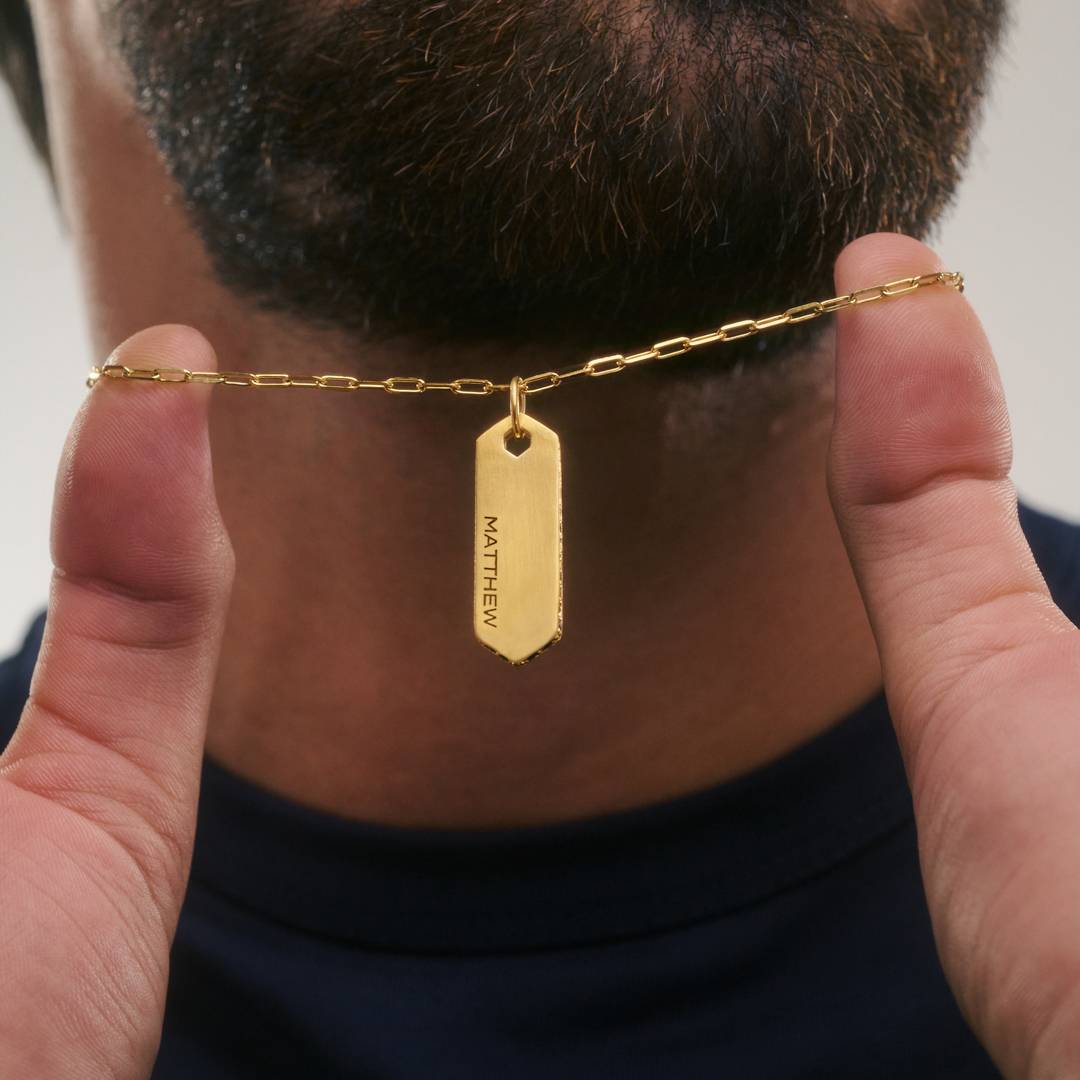 Engravable Vertical Dog Tag Necklace With Black Spinel - Gold Plated-2 product photo