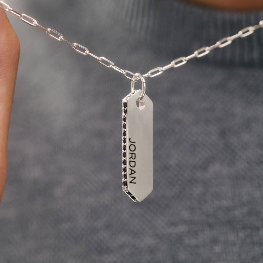 Engravable Vertical Dog Tag Necklace With Black Spinel - Silver-1 product photo