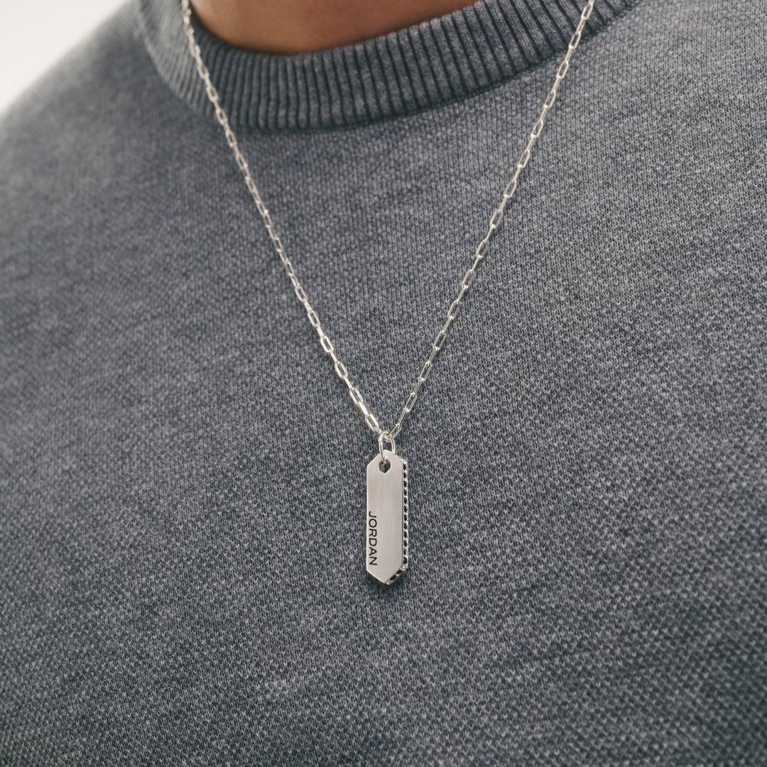 Engravable Vertical Dog Tag Necklace With Black Spinel - Silver-2 product photo