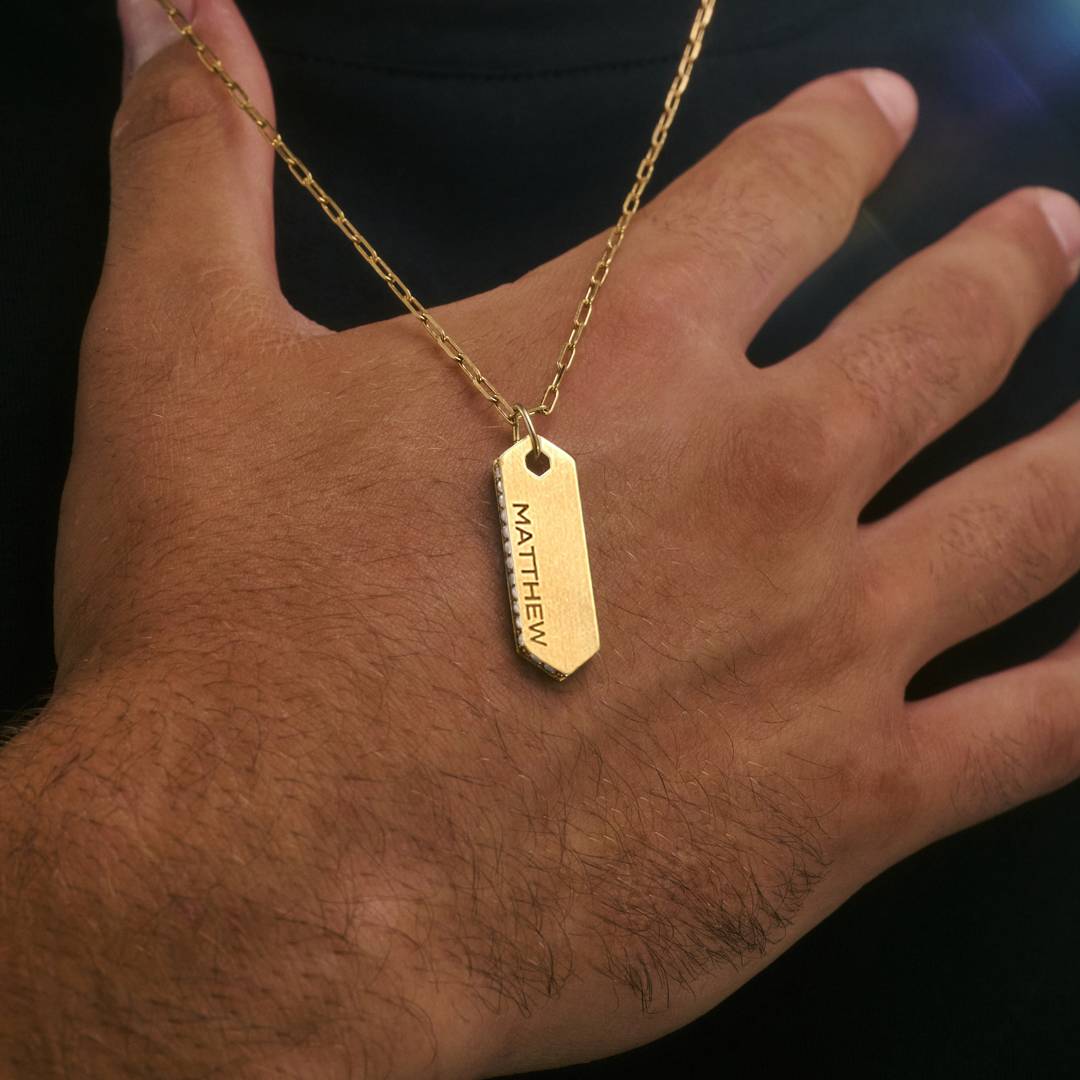 Engravable Vertical Dog Tag Necklace With Cubic Zirconia - Gold Plated-2 product photo