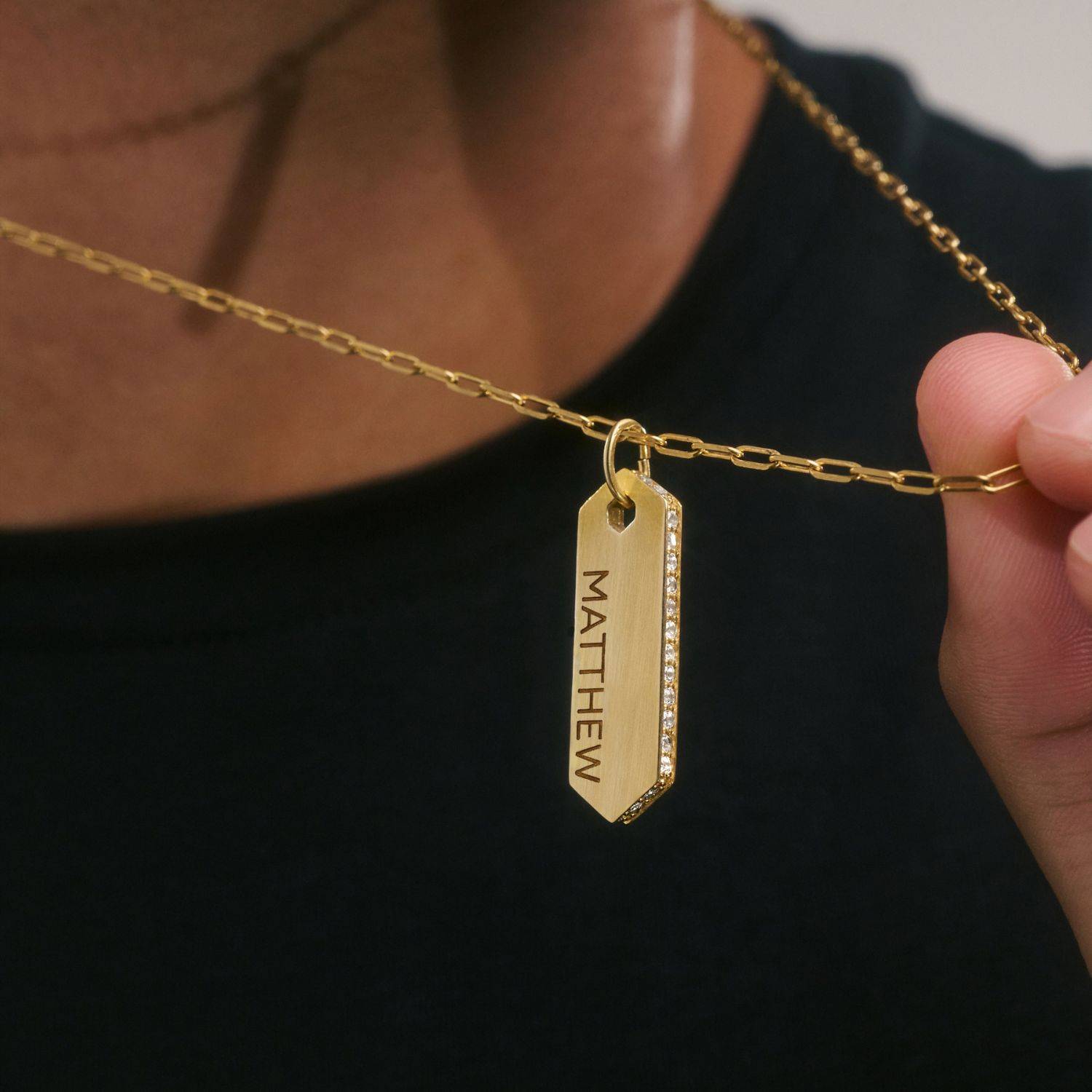 Engravable Vertical Dog Tag Necklace With Cubic Zirconia - Gold Plated-3 product photo