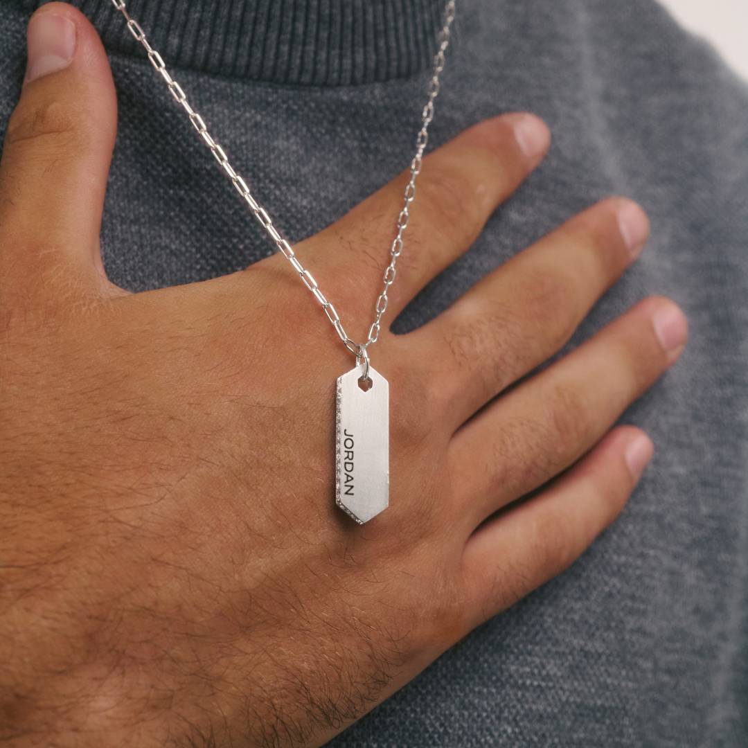 Engravable Vertical Dog Tag Necklace With Cubic Zirconia - Silver-2 product photo