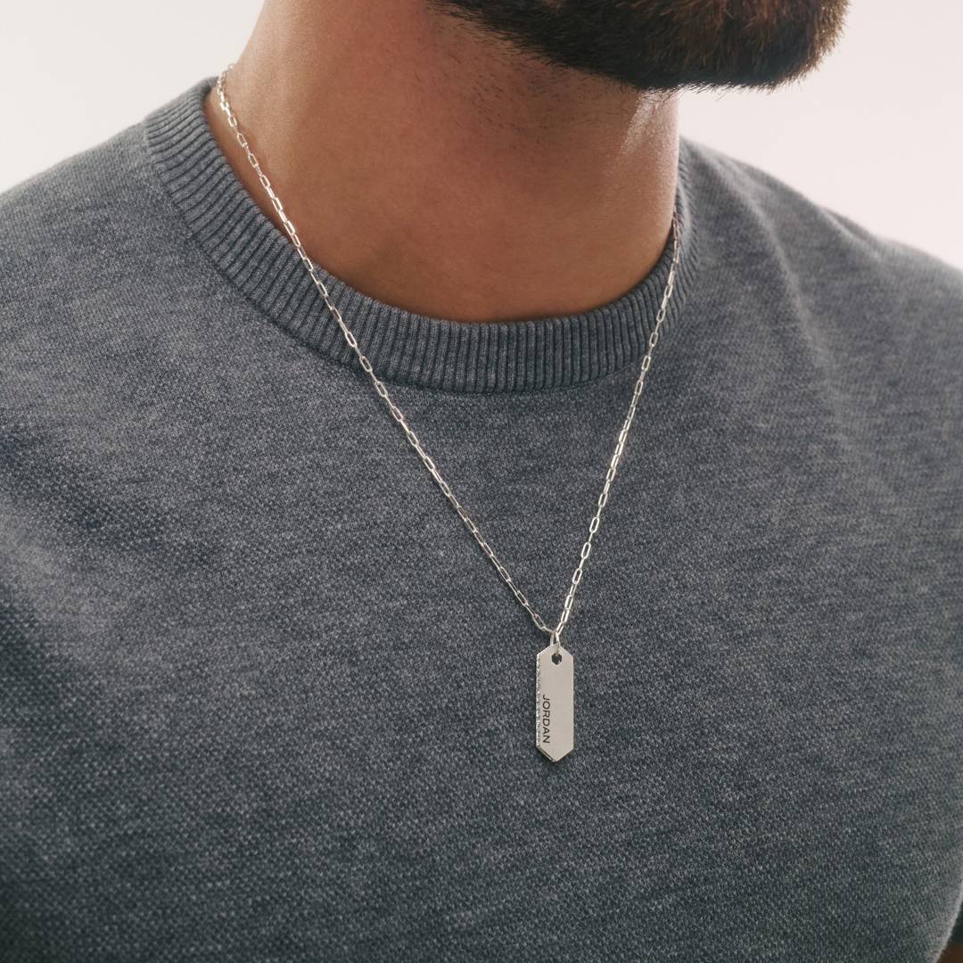 Engravable Vertical Dog Tag Necklace With Cubic Zirconia - Silver-3 product photo