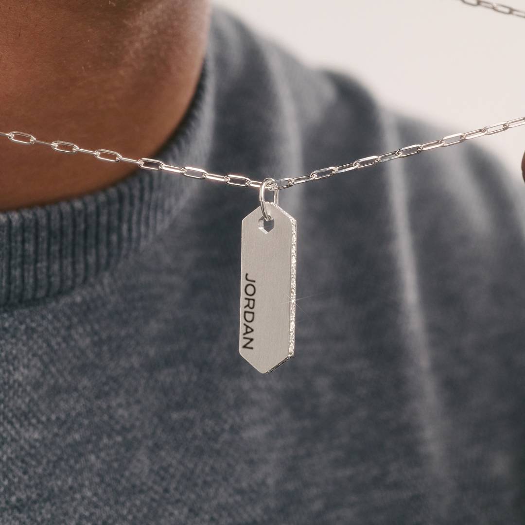 Engravable Vertical Dog Tag Necklace With Cubic Zirconia - Silver-1 product photo
