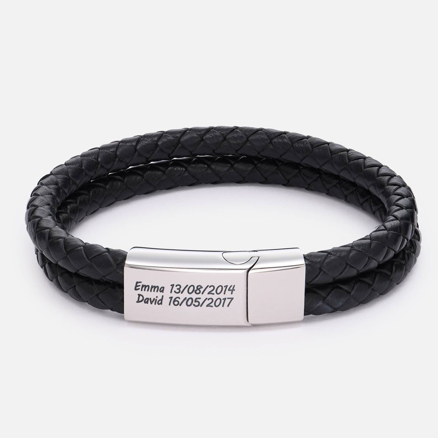 Engravable Thin Black Leather Bracelet with Black Clasp for Mens 8 Inches / Black