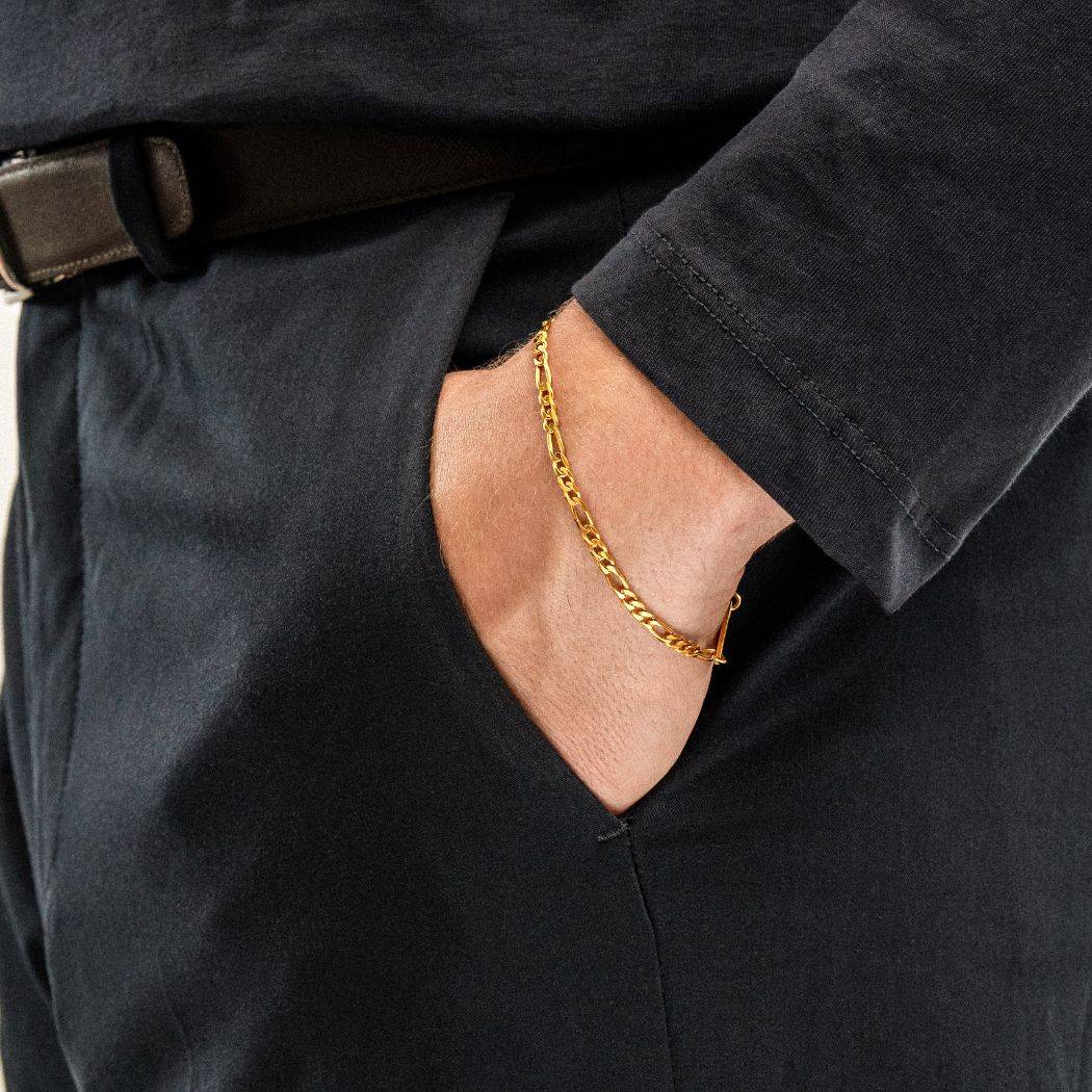 Personalized Figaro Chain Bracelet with Black Diamonds - 3 mm - Gold-5 product photo