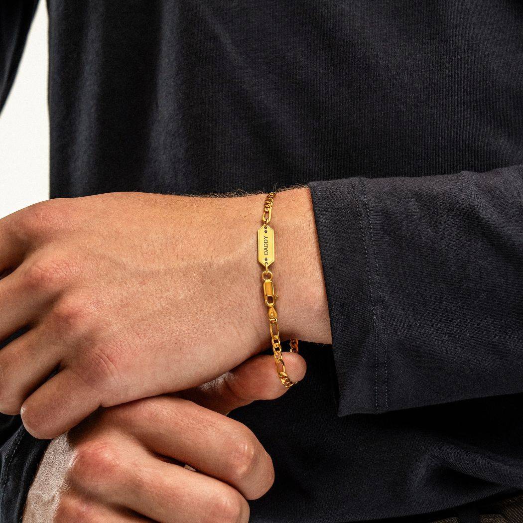 Personalized Figaro Chain Bracelet with Black Diamonds - 3 mm - Gold-2 product photo