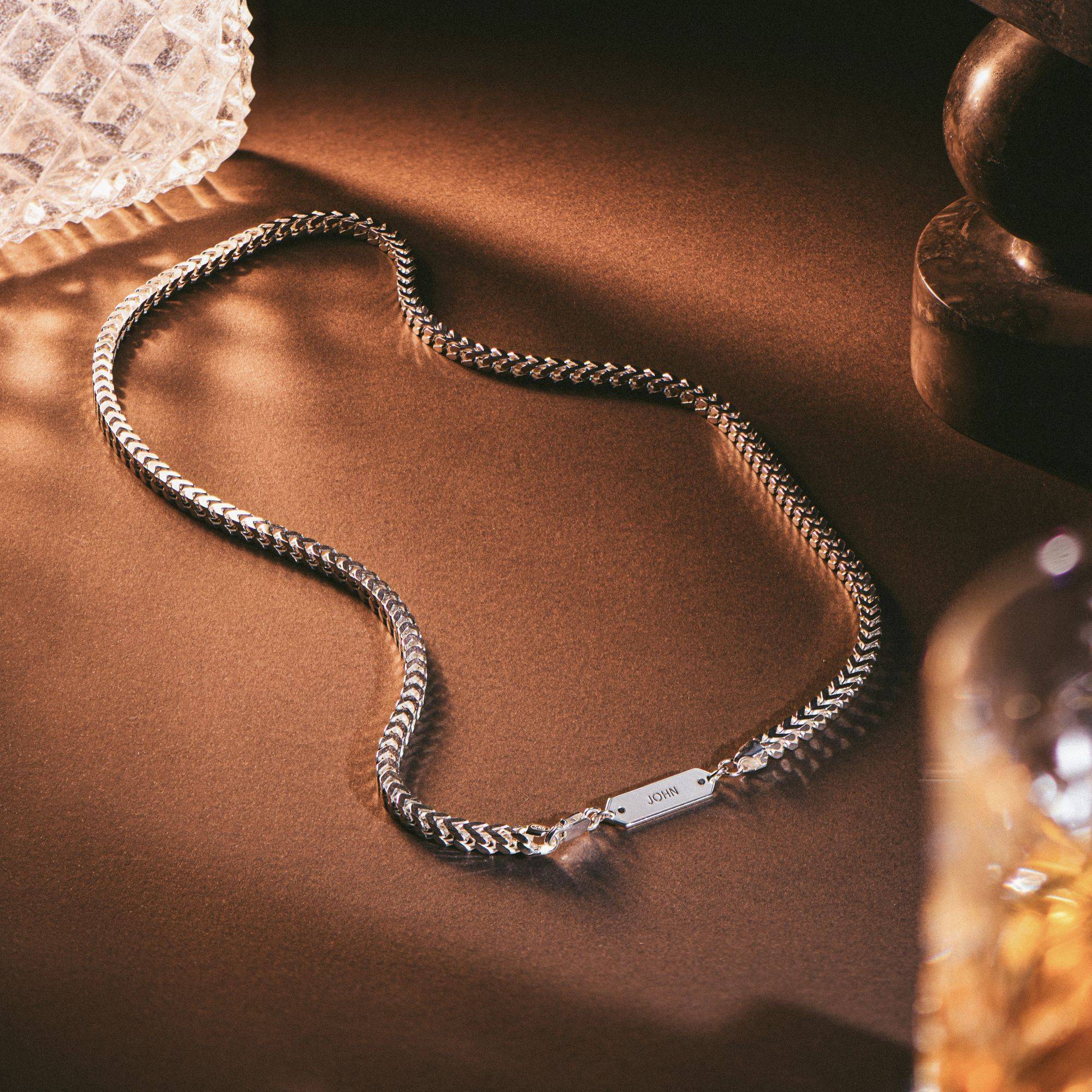 Personalized Franco Chain Necklace with Black Diamonds - 4 mm - Silver-3 product photo