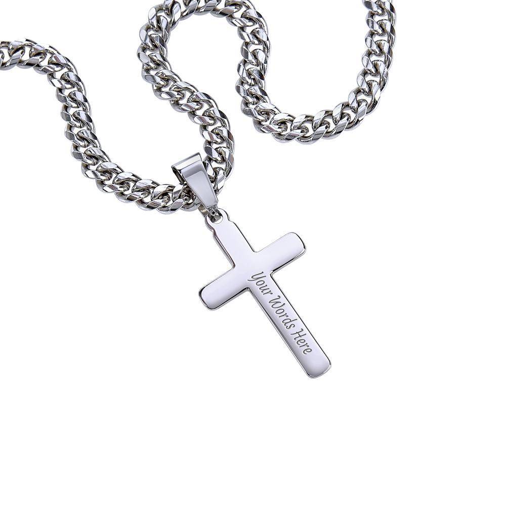 Cuban Link Chain Necklace with Engraved Cross - Stainless Steel-1 product photo