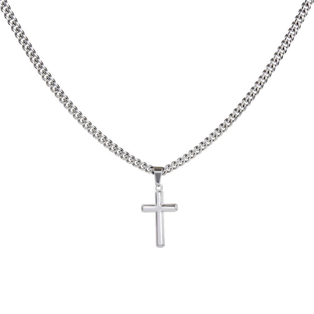 Cuban Link Chain Necklace with Engraved Cross - Stainless Steel-5 product photo