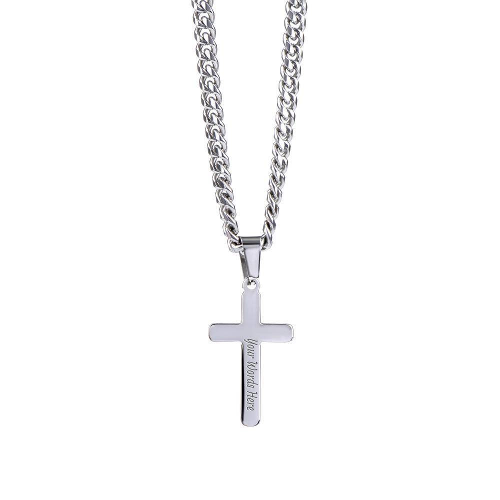 Cuban Link Chain Necklace with Engraved Cross - Stainless Steel