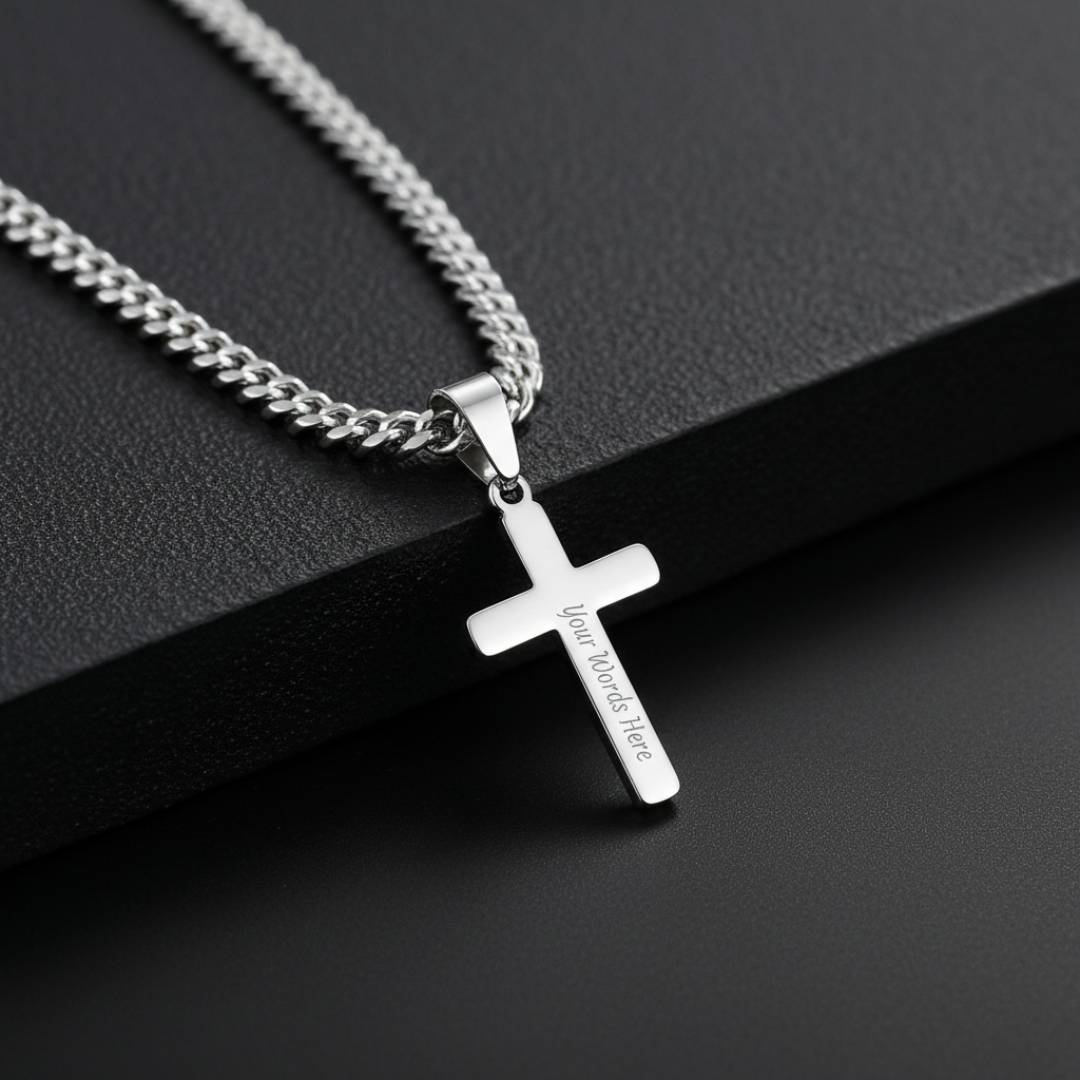 Cuban Link Chain Necklace with Engraved Cross - Stainless Steel-4 product photo
