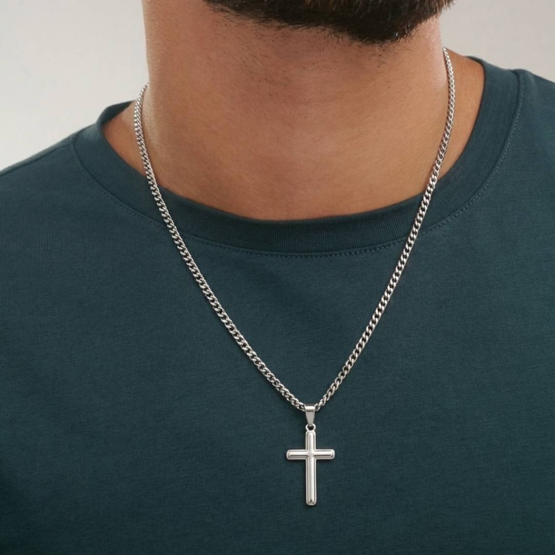 Cuban Link Chain Necklace with Engraved Cross - Stainless Steel-3 product photo