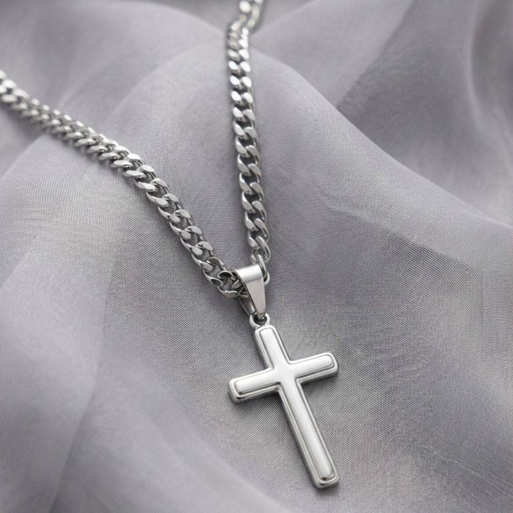 Engraved Cross Cuban Link Chain Necklace SETT-6 Engraved Cross Cuban Link Chain Necklace SETT-6 product photo