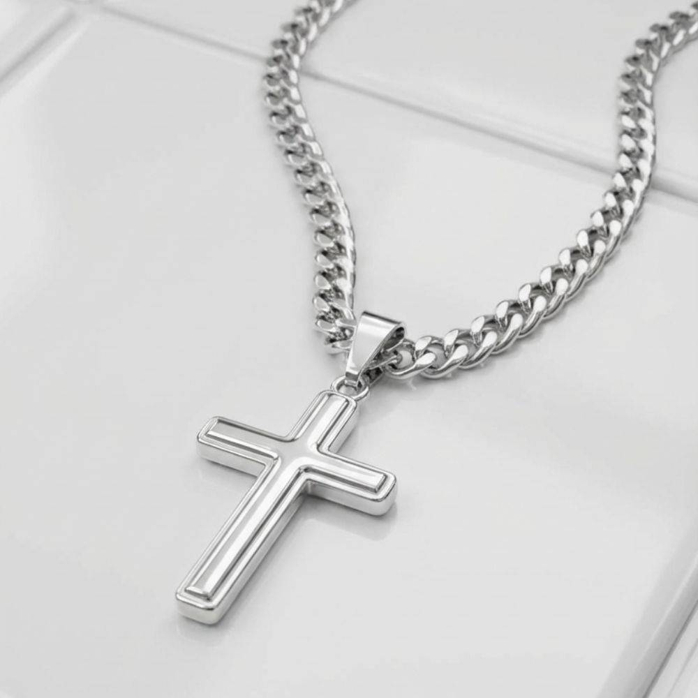 Engraved Cross Cuban Link Chain Necklace SETT-7 Engraved Cross Cuban Link Chain Necklace SETT-7 product photo