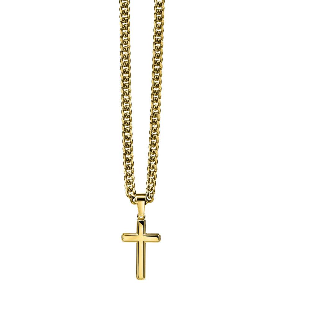 Cuban Link Chain Necklace with Engraved Cross - Gold Plated Stainless Steel-1 product photo