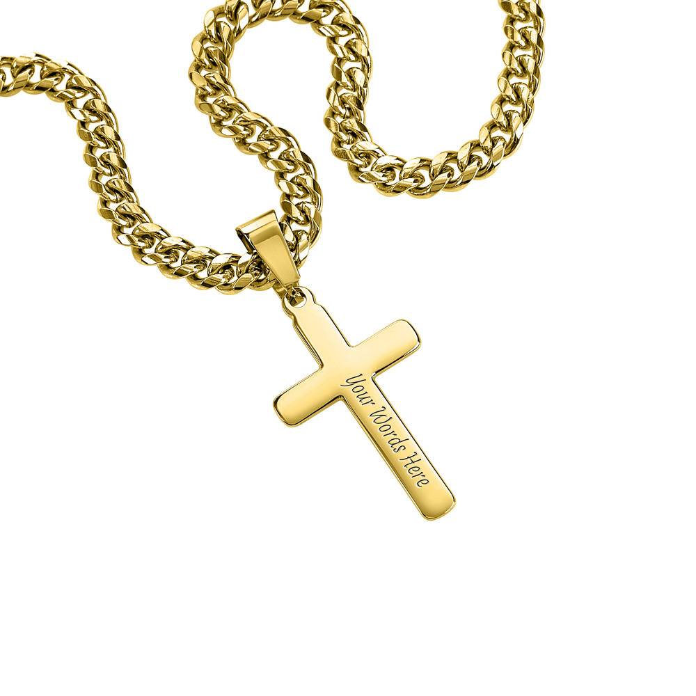 Cuban Link Chain Necklace with Engraved Cross - Gold Plated Stainless Steel-2 product photo