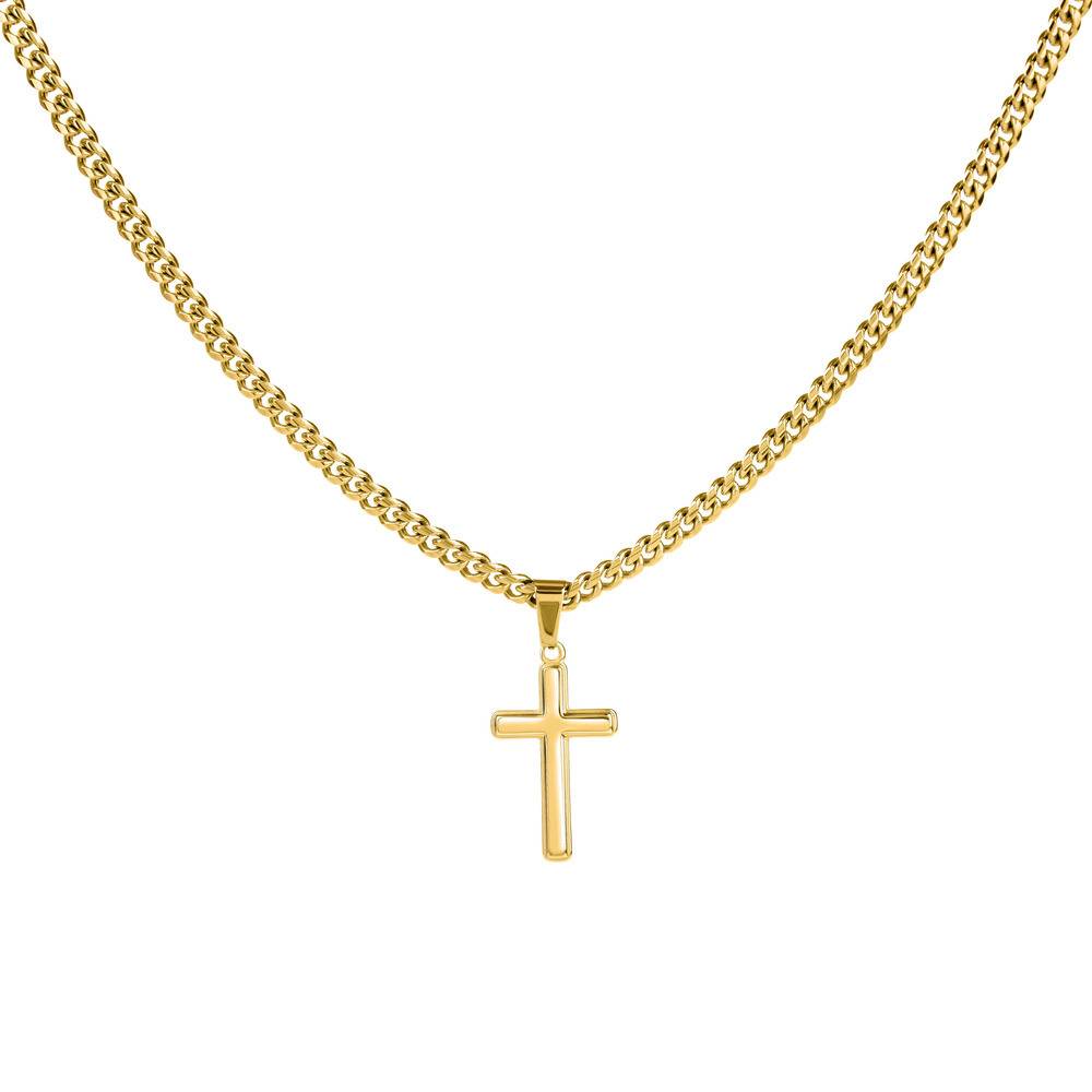 Cuban Link Chain Necklace with Engraved Cross - Gold Plated Stainless Steel-5 product photo