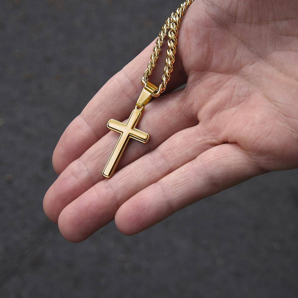 Cuban Link Chain Necklace with Engraved Cross - Gold Plated Stainless Steel-6 product photo