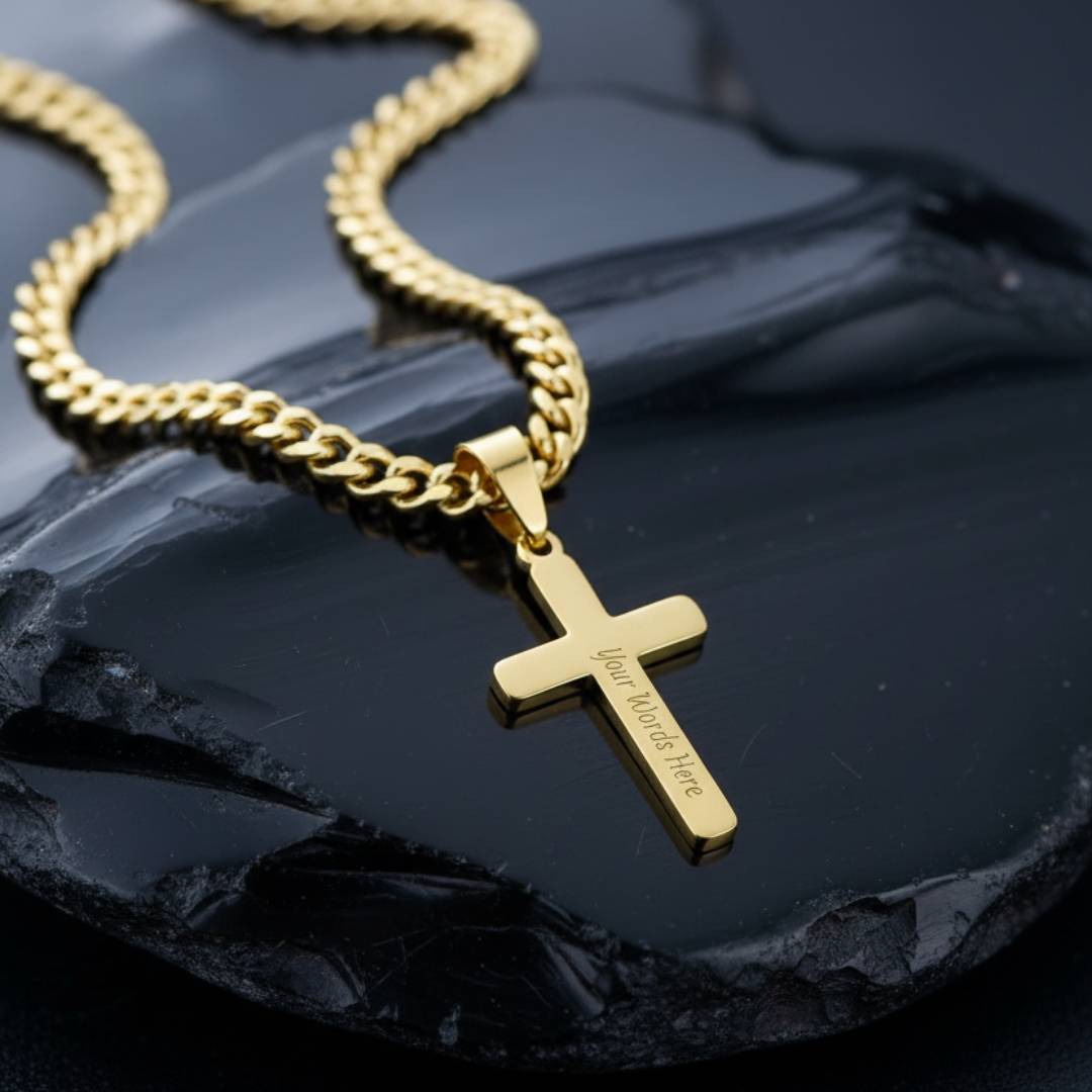 Cuban Link Chain Necklace with Engraved Cross - Gold Plated Stainless Steel-4 product photo