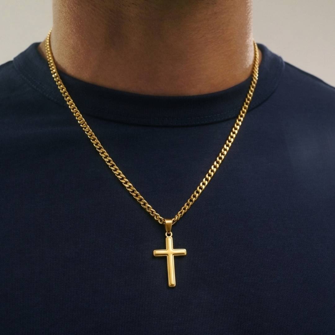 Cuban Link Chain Necklace with Engraved Cross - Gold Plated Stainless Steel-3 product photo