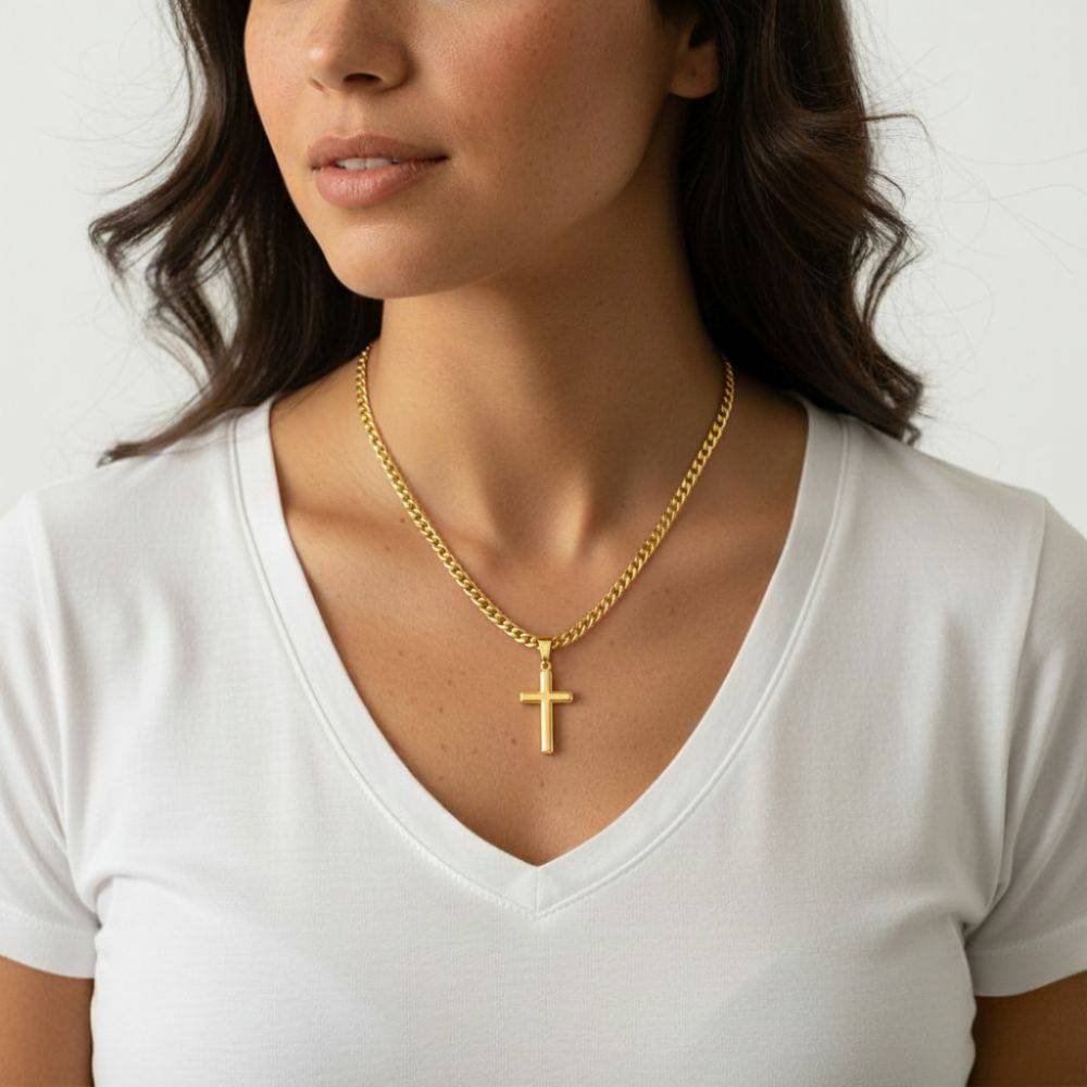 Engraved Cross Cuban Link Chain Necklace in Gold Plating-6 product photo