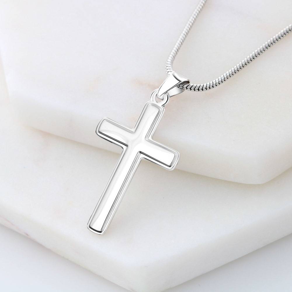 Engraved Cross Necklace with Snake Chain - Stainless Steel-1 product photo