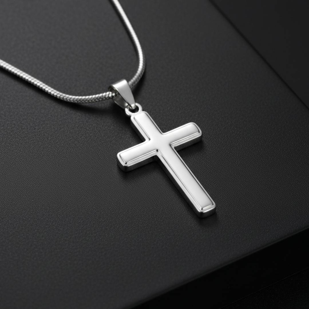 Engraved Cross Necklace with Snake Chain - Stainless Steel-5 product photo