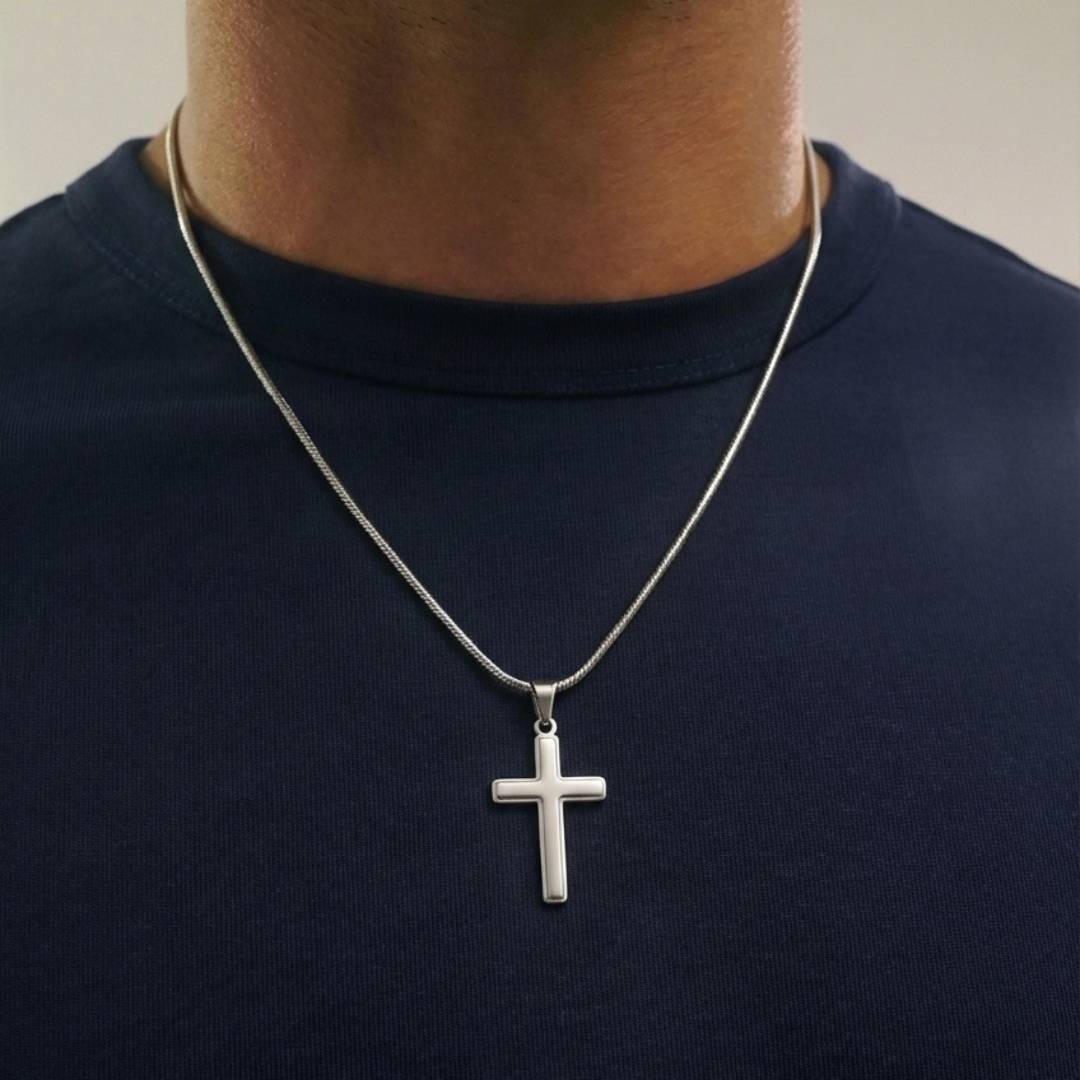 Engraved Cross Necklace with Snake Chain - Stainless Steel-2 product photo