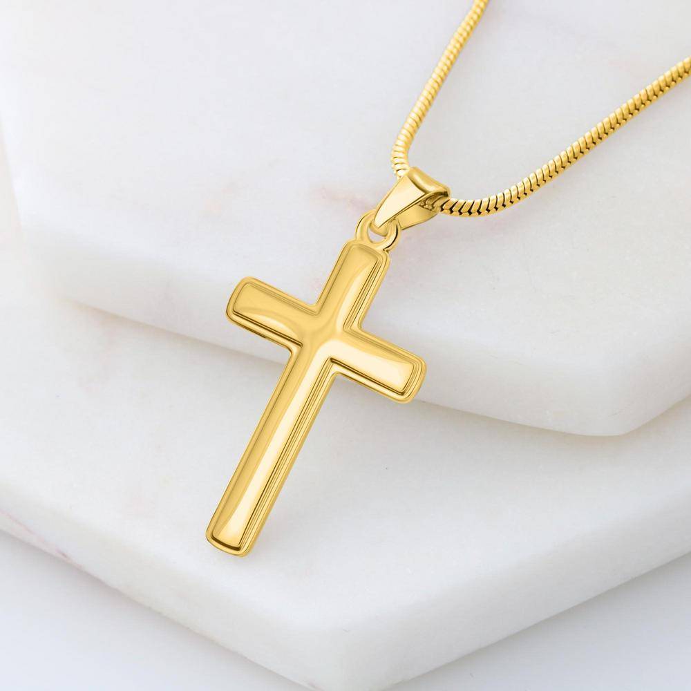 Engraved Cross Necklace with Snake Chain - Gold Plated Stainless Steel-4 product photo