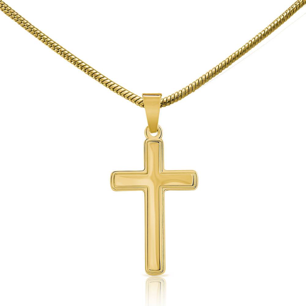 Engraved Cross Necklace with Snake Chain - Gold Plated Stainless Steel-2 product photo