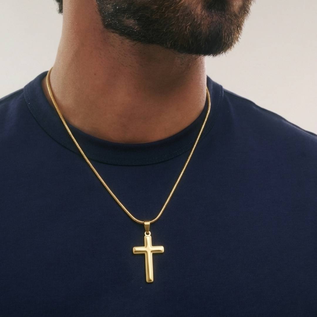 Engraved Cross Necklace with Snake Chain - Gold Plated Stainless Steel-5 product photo