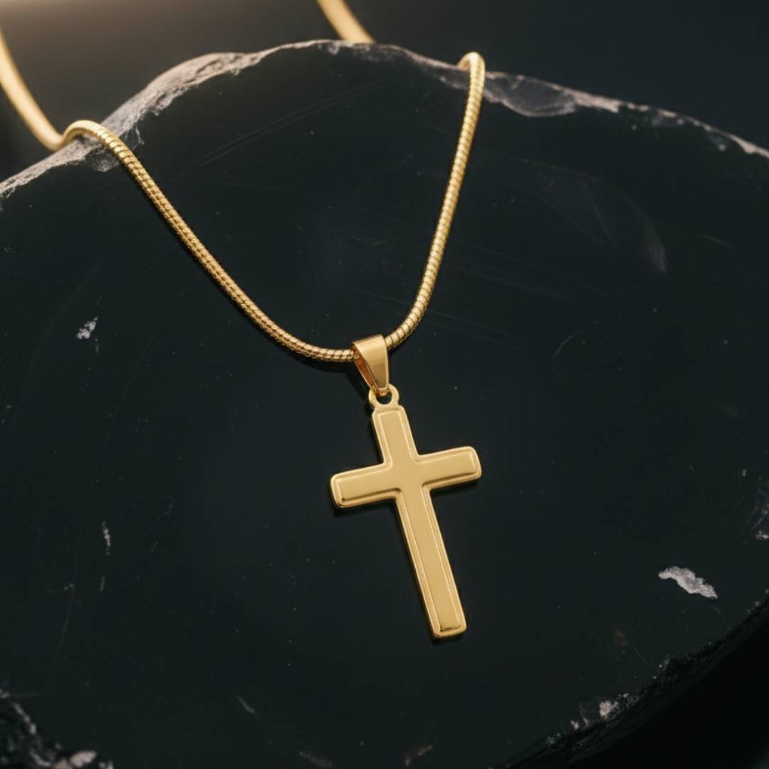 Engraved Cross Necklace with Snake Chain - Gold Plated Stainless Steel-3 product photo