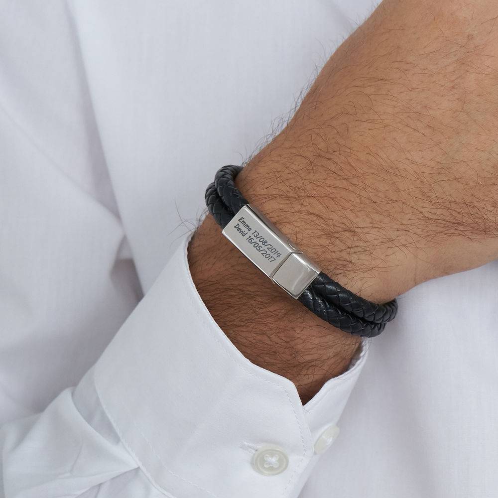 Engravable Thin Black Leather Bracelet with Black Clasp for Mens