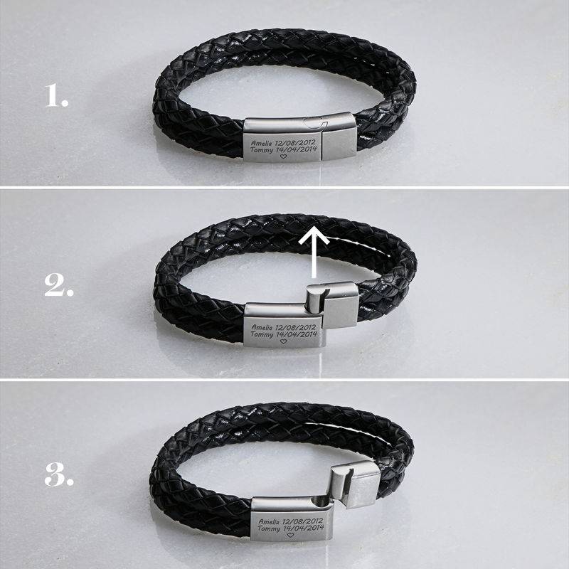 Engravable Thin Black Leather Bracelet with Black Clasp for Mens 8 Inches / Black